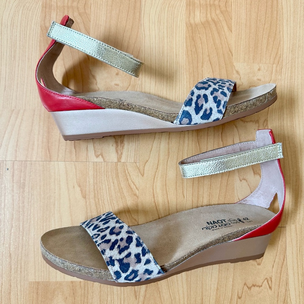 Naot Pixie Wedge Ankle Strap Sandal in Leopard & Red / Size 42 (US 10.5-11)